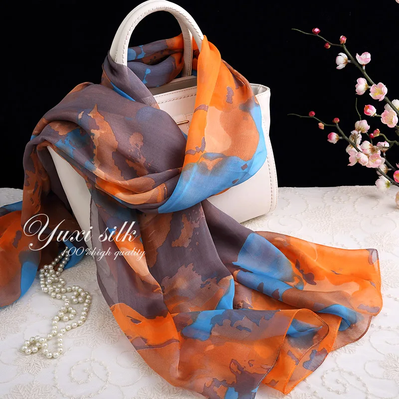 

High Quality Yellow and Blue Ink Painting 100% Silk Long Scarf Shawl Women's Spring, Autumn Winter Summer