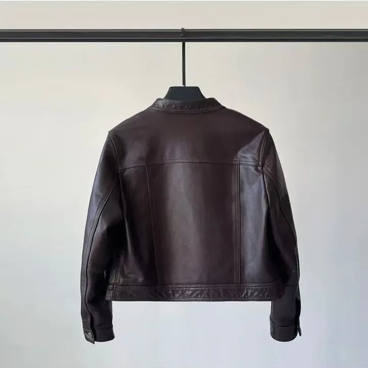 Fall 2025 New Women's ort round Ne eepskin Leather Jaet Single Button Motorcycle Sle Leather Coat Commute Sle Loo...