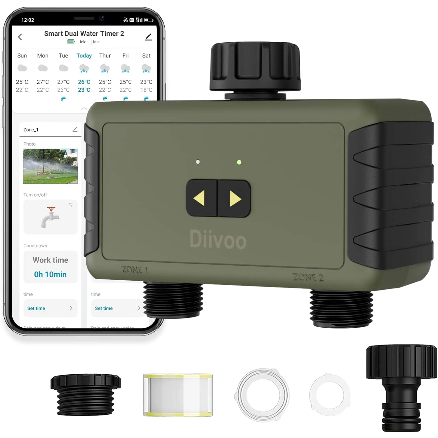 Diivoo Watering 2-ZONE Bluetooth, Bewässerungstimer für Gartenwasser, kompatibel mit Alexa und App,