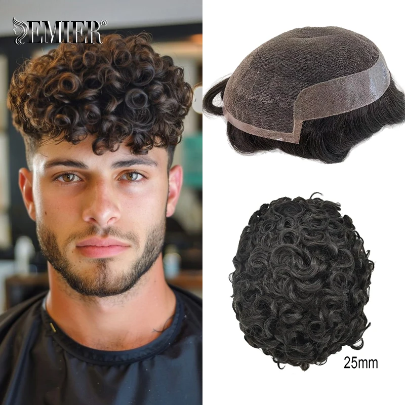 25mm Curly Toupee for Men 8”x10” Human Hair Replacement Systems Men's Hairpieces French Lace with Durable PU Male Wig Prosthesi