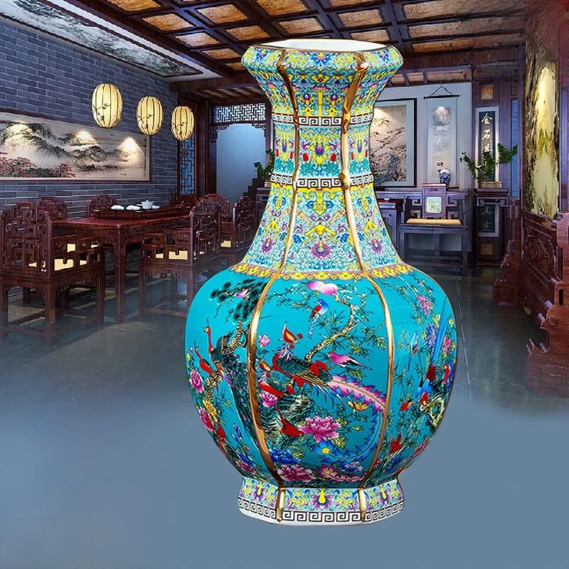 Jingdezhen Ceramic Vintage Flower Vase Chinese Style Living Room Decorative Item Bouquet Stand Display Shelf Home Decor