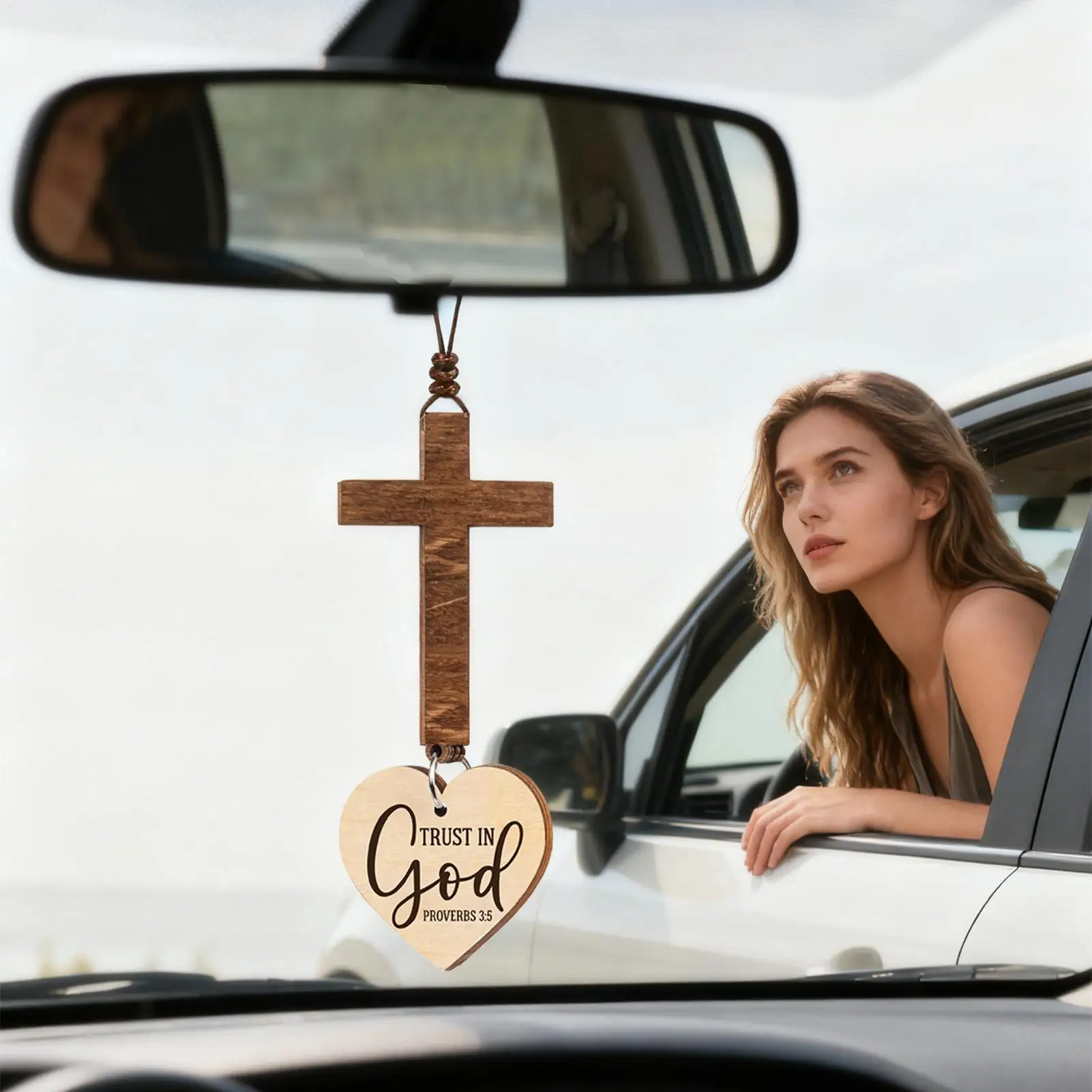 1PC Metal And Wood Cross Jesus Christian Car Rear View Mirror Car Pendant Hanging Car Accessories Automobiles Decoration