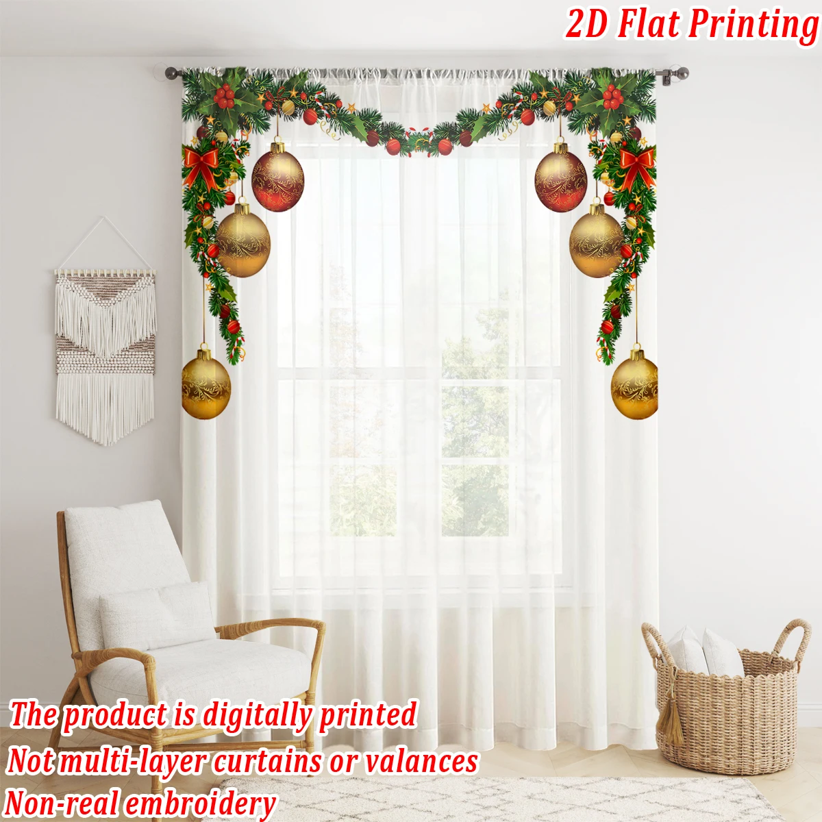 ستارة شفافة مطبوعة مسطحة لعيد الميلاد مع قوس كرة عيد الميلاد فروع الصنوبر لتزيين غرفة المعيشة وغرفة النوم وحفلات العطلات