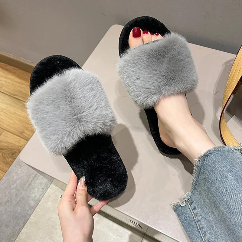 Plush Warm Women Flurry Slippers Fashion Flip Flops Fur Slides Leisure Winter Flat Furry Shoes Female Cozy Warm Footwear