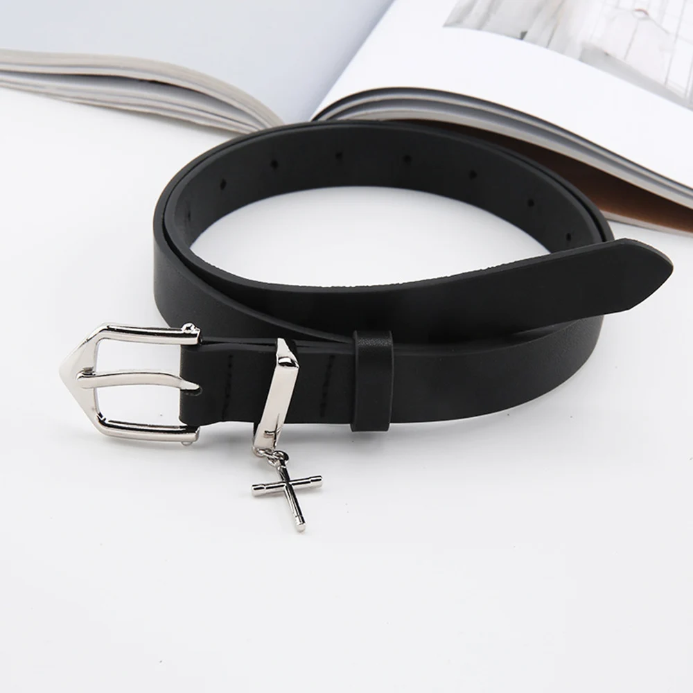 Fashion Pin Buckle Thin Belt Metal Cross Pendant Belt Men With Cargo Pants Jeans Windproof PU Leather Casual Black Waist Belt