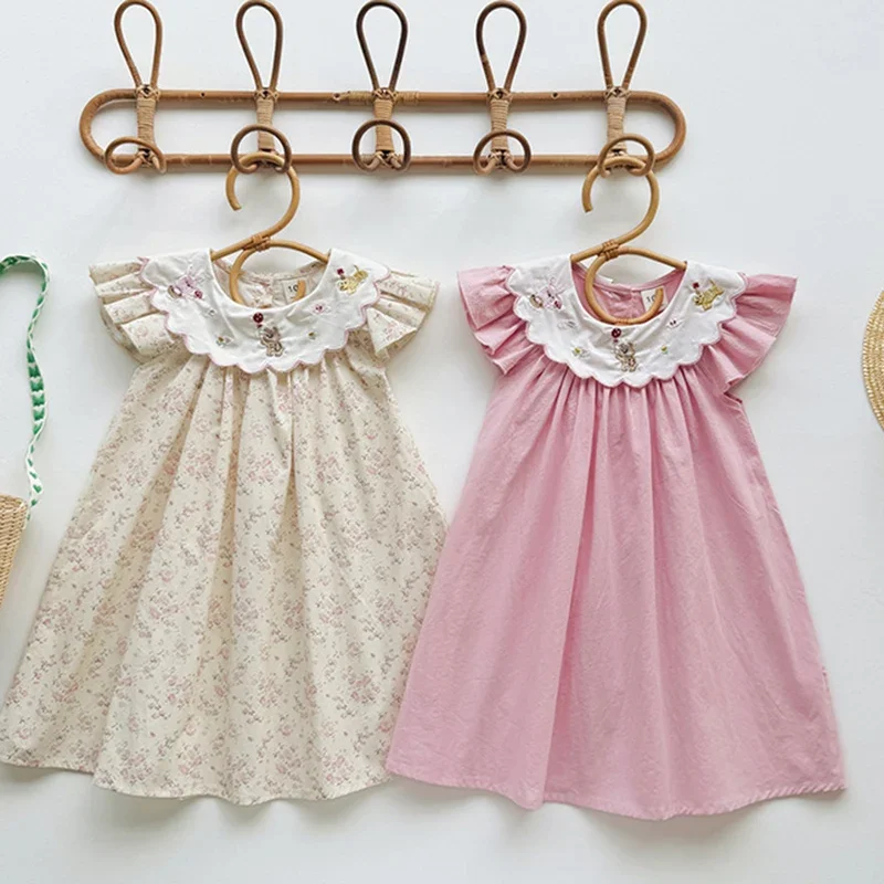 2026 New Summer Kids Princess Dresses Flying Sleeve Cotton Splicing 2-7Yrs Baby Girl Birthday Party Dress Sister Clothing