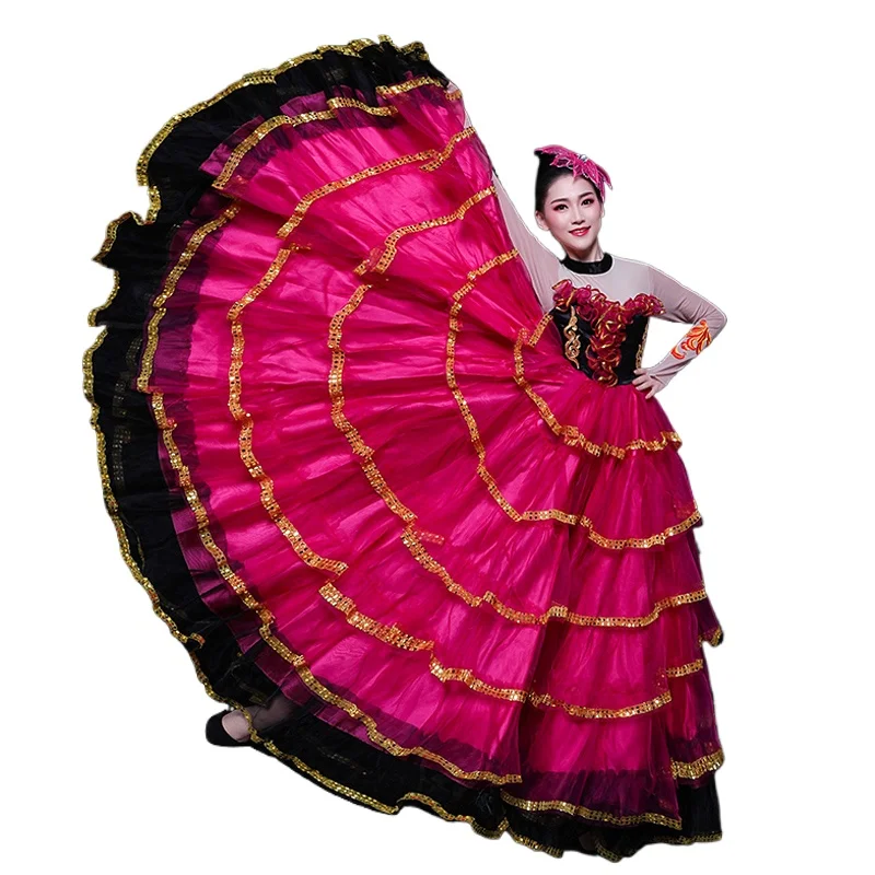 Fato de Tauromáquio Flamenco Espanhol para Mulher, vestido grande Swing, Performance de Palco, Saia Dançante, Adulto, Feminino