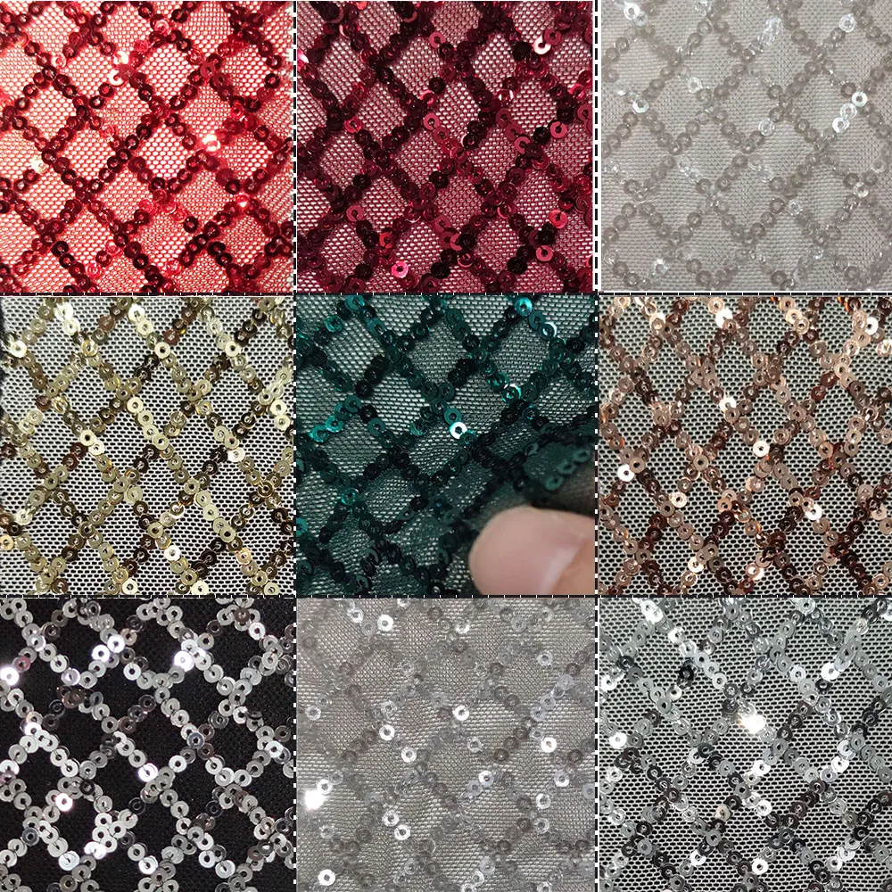 Elastic Mesh With 3mm Sequins Fabric Cross Twill Diamond Arrangement 5 Yards For Sewing Sequined Dress 07M9