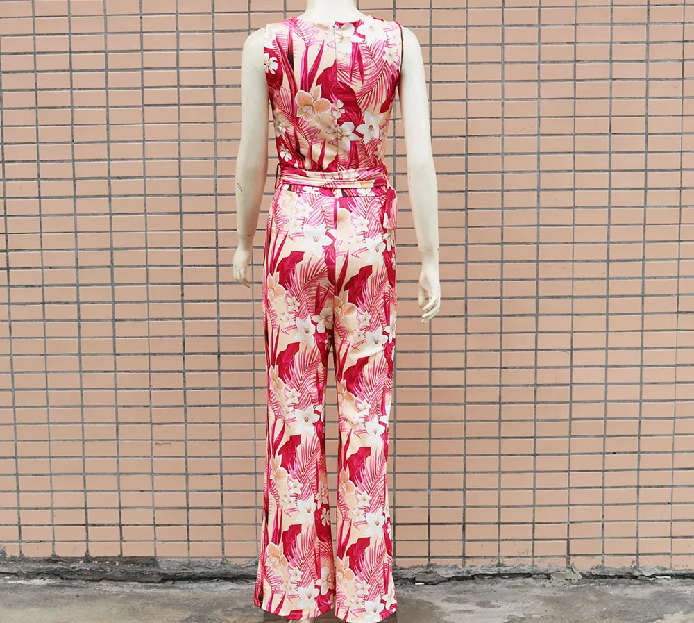 ผู้หญิงฤดูใบไม้ผลิฤดูร้อนJumpsuitพิมพ์สีแขนกุดVคอกางเกงขากว้างเอวสูงสบายๆแฟชั่นสบายปกติFit
