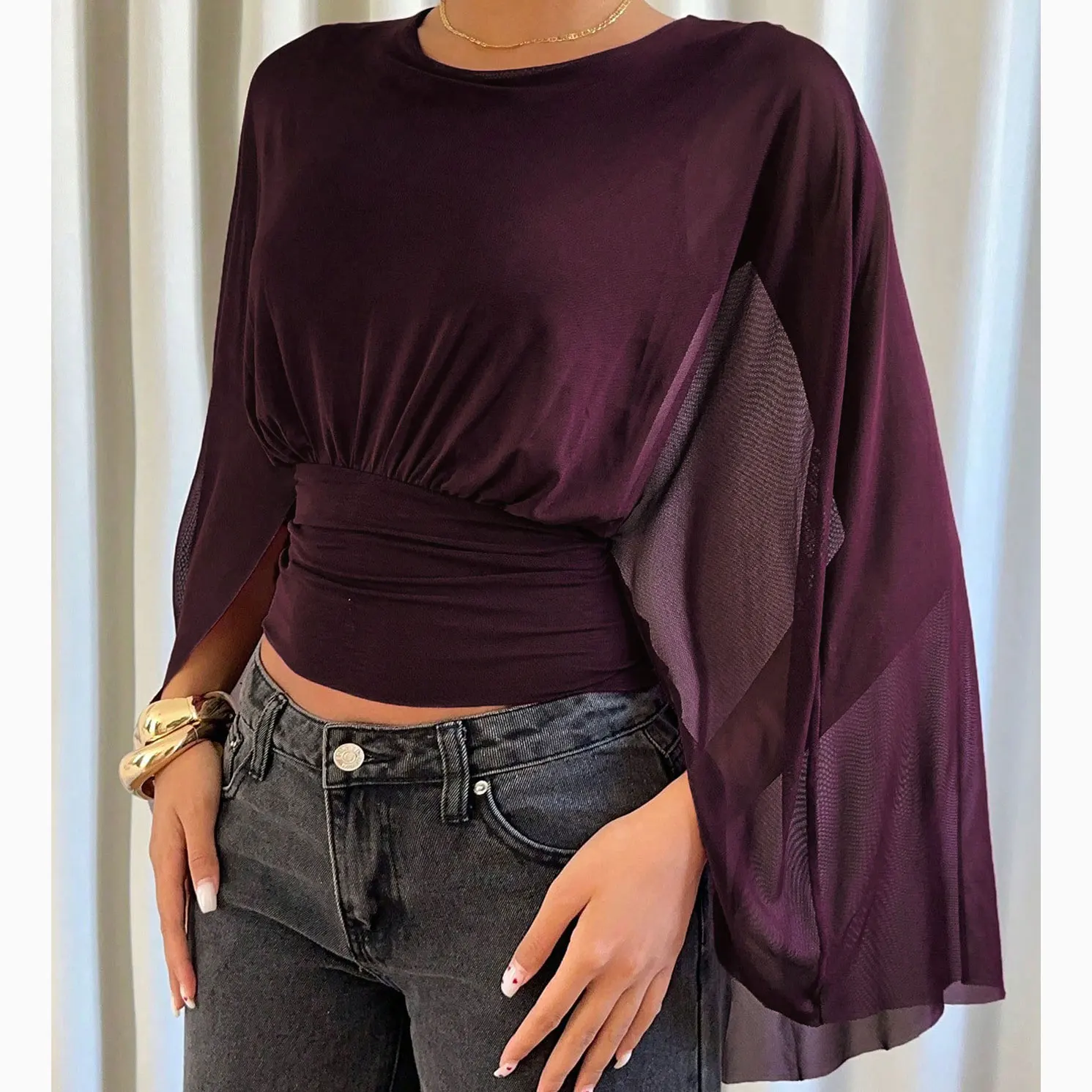 Modische, schmale, einzigartige Langarm-Bluse für Damen, elegantes Oberteil mit Rundhalsausschnitt, Damen-Oberteile, Camisas De Mujer, Blusen, Hemden – Detail 9
