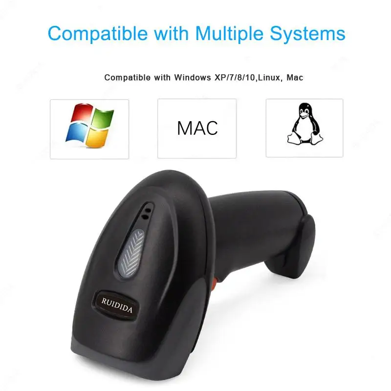Scanner de código de barras sem fio 1D, leitor a laser sem fio, scanner de barras 1d compatível com Windows Mac Linux, caixa registradora