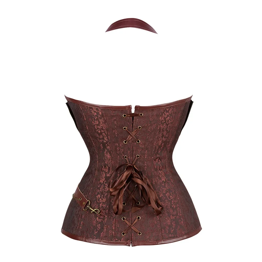 Brown Corset Women Zipper Brocade Steampunk Bustier Top Halter Vintage Outerwear Corselet Overbust Pirate Costume Black