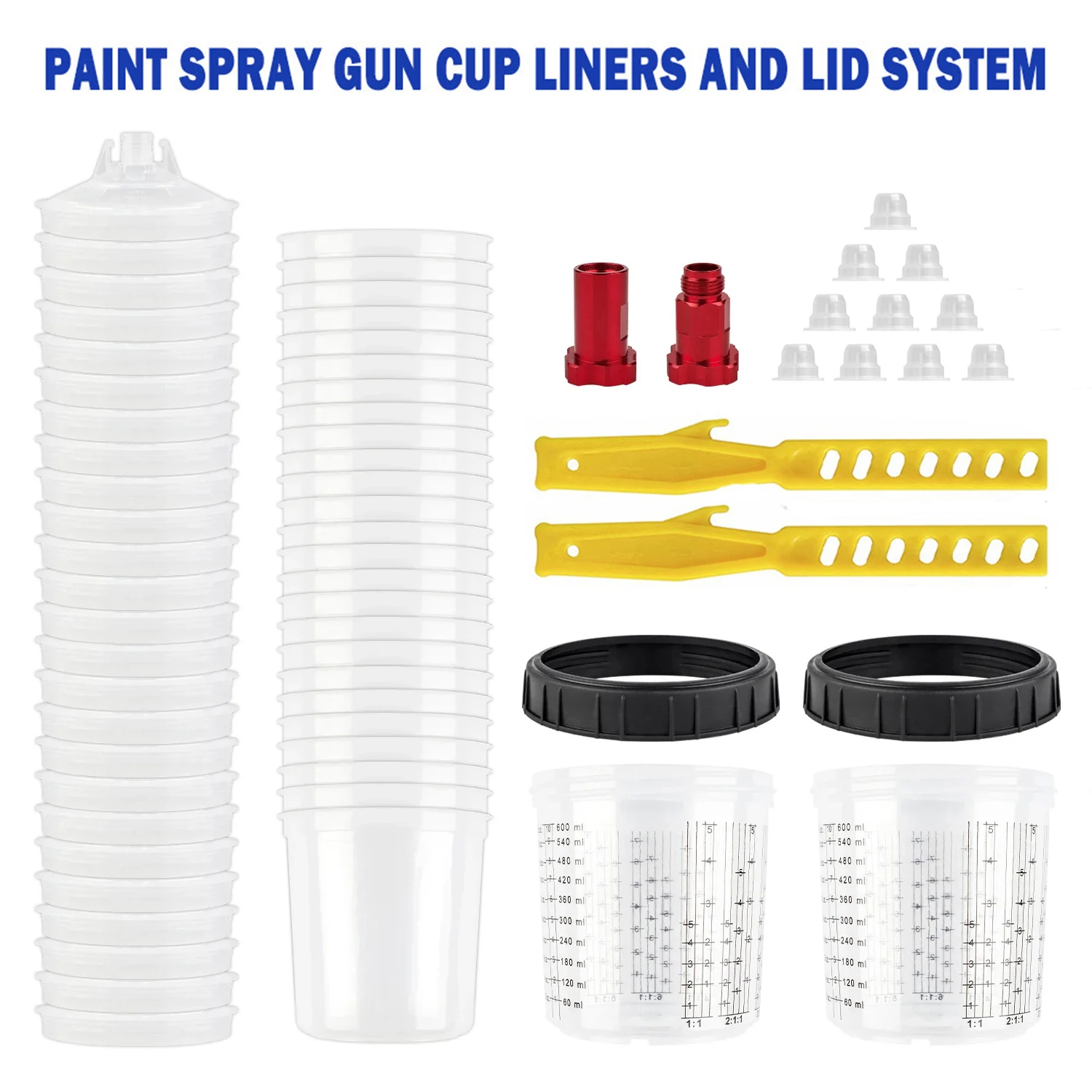 25Pcs 300/600ML Spray Gun Paint Mixing Cup H/O Type Quick Cup Spray Gun Tank Disposable Paint Cup With M16 Adapter & Stir Rod