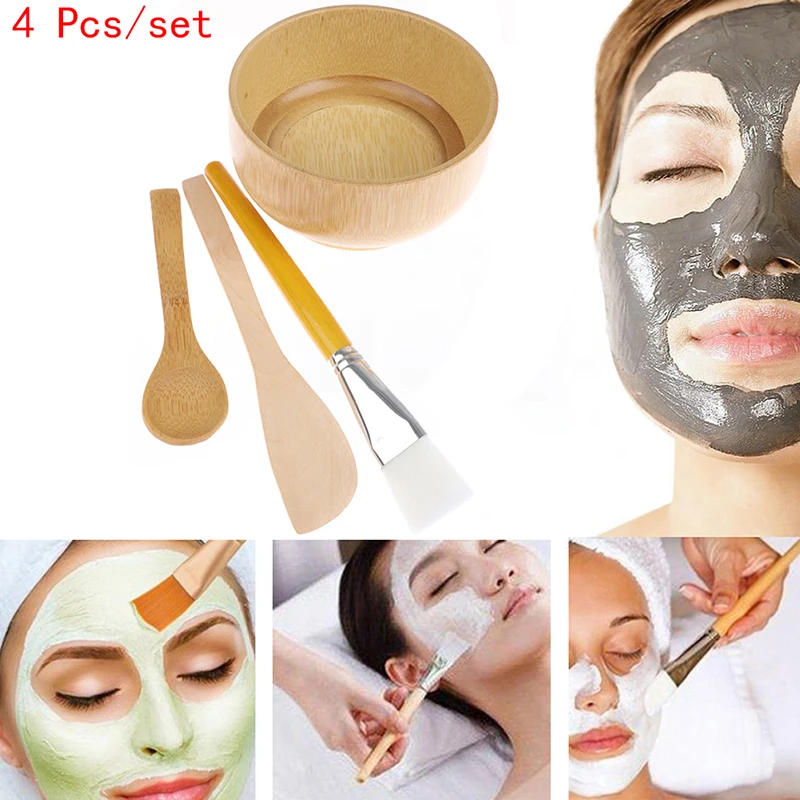 2pcs/4Pcs Empty Bamboo Facial Mask Bowl With Spoon Cosmetic Wooden Mask Tools DIY Tableware Makeup Container Set