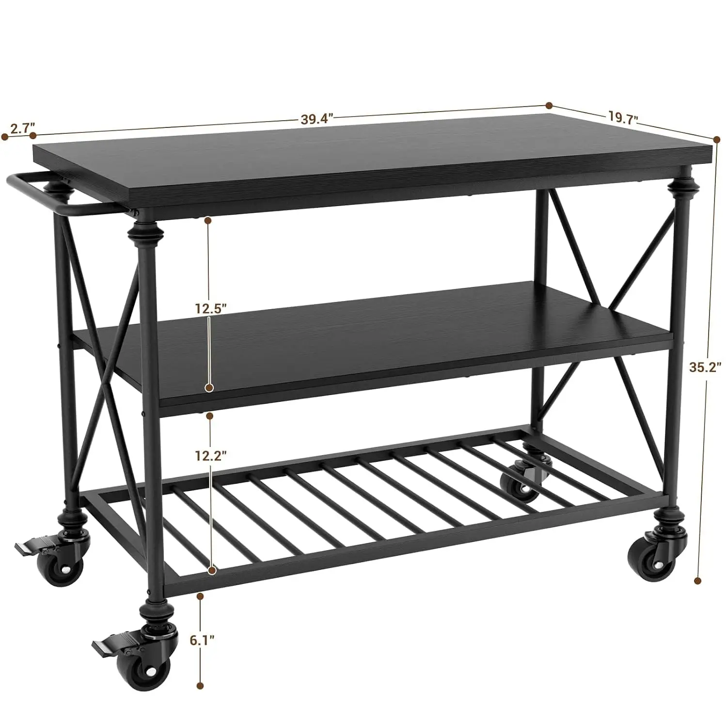 Kitchen Island Cart with Wheels, 3-Tier Wood and Metal Rolling Kitchen Island Table with Pipe Legs, Storage Shelves & Lockable