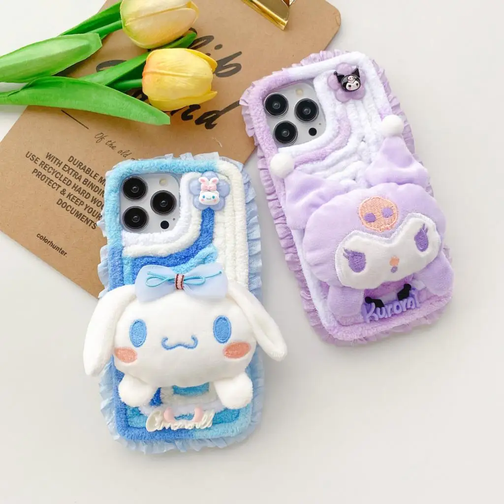 Cute Sanrio Kuromi Melody Cinnamoroll Pom Pom Purin Plush Phone Cases For iPhone 14 Pro Max 13 12 11 Anti-drop Soft Back Cover