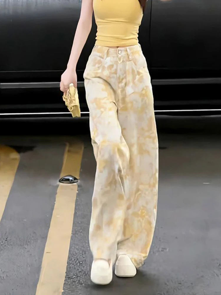 Tie Dye Vrouwen Y2k Jeans Streetwear Losse Hoge Taille Vintage Denim Broek Harajuku Retro Amerikaanse Casual Gele Broek Nieuw