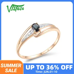 VISTOSO Authentic 14K 585 Rose Gold Solitaire Ring For Women Genuine Diamond Blue Sapphire Minimalist Daily Fine Fashion Jewelry