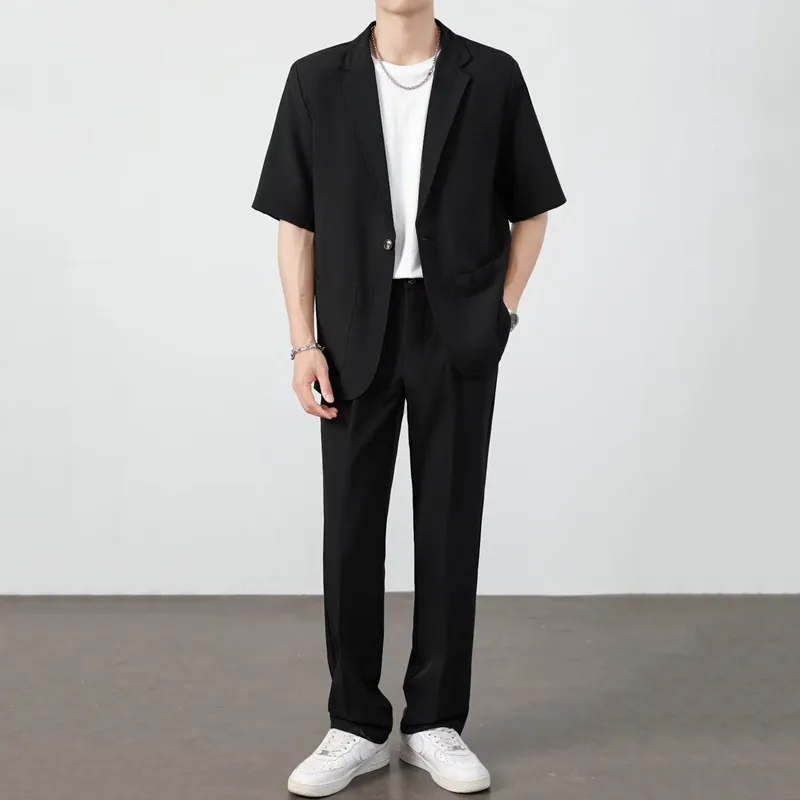 Summer Thin Ice Silk Drapey Suit Set Men's Short Sleeve Jacket Lightweight Casual Single-Breasted Suit Standard Fit Youth Trend