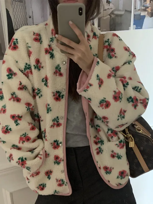 

Мягкое и нежное цветочное пальто из овечьей шерсти для женщин, зимнее, утепленное, двустороннее, в корейском стиле...
