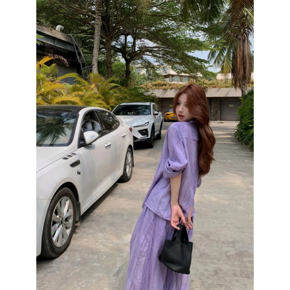 Fashion Purple Sets Women Turn Down Collar Long Sleeve One Breasted Loose Blouses&High Waist Wide Leg Pants Female Leisure Suits