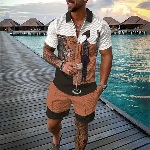Vintage herrkostym med dragkedja, pikétröja med shorts och byxor, tvådelat set, kokosnötsträd, djurmotiv, 3D-tryck, casual herrträningsoverall, 2-delat set 10 best sales polotröja - №10
