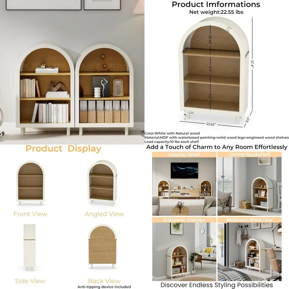 خزانة كتب منحنية، خزانة كتب قصيرة مقوسة صغيرة مع أرفف خزانة تخزين من 3 طبقات، حافظات عرض خشبية مفتوحة للمدخل، موديل
