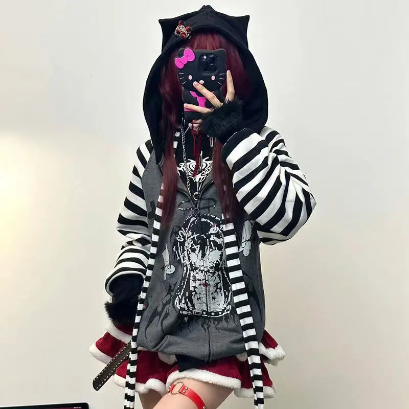 Japanese Subculture Demon Printed Hoodies Fashion Punk Style Striped Long-sleeved Hoodie Women Oversized Loose Cosplay Clothing