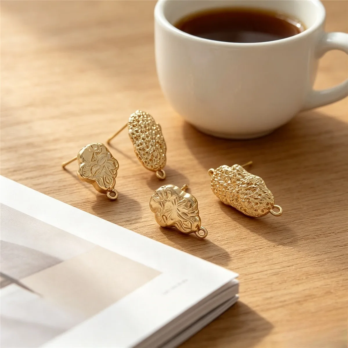 Brass Gold Plated Irregular Textured Lava Stud With Hanging Loop DIY Handmade Dangle Earring Jewelry Findings