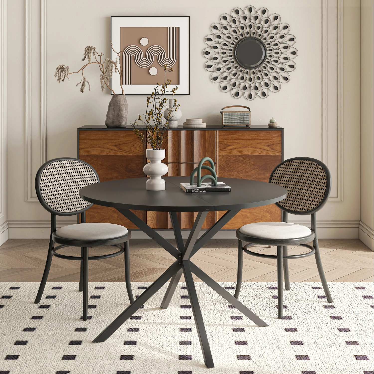 42.13'' Modern Cross Leg Round Dining Table, Black Top Occasional Table, Two Piece Removable Top, Matte Finish Iron Legs