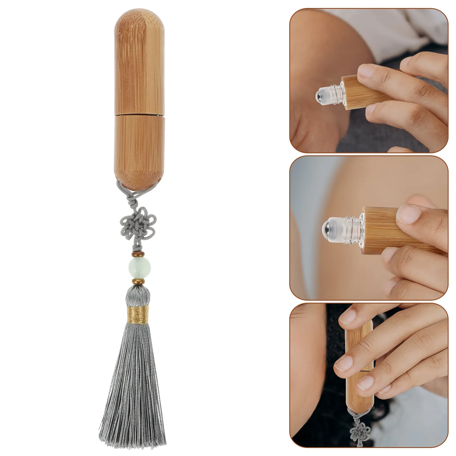 Bamboo Shell Roll-on Bottle with Thick Glass Body Stainless Steel Roller Ball Retro Chinese Tassel Design for Perfume Essential