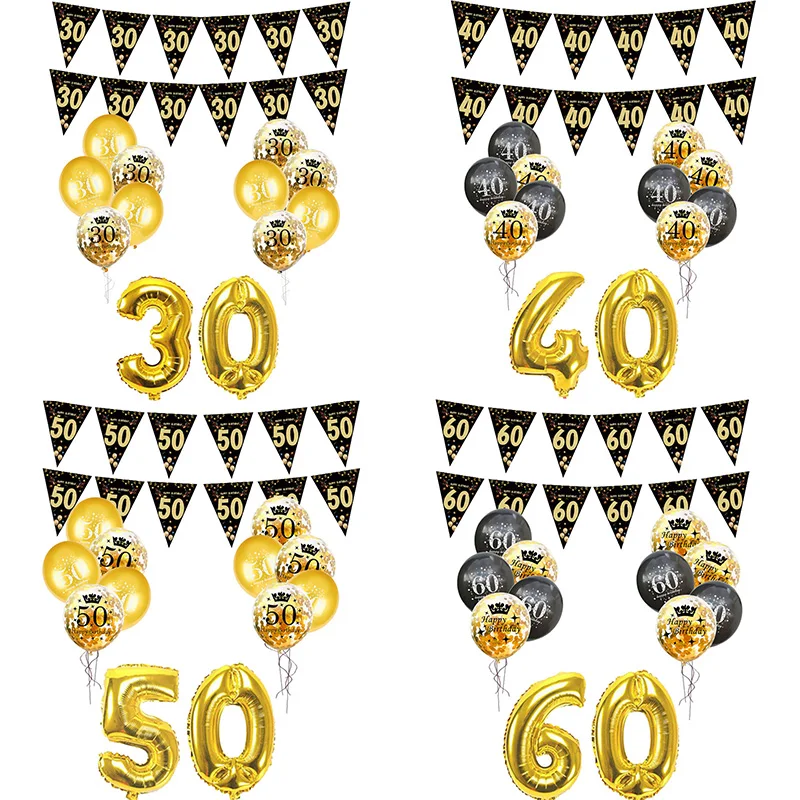 30th 40th 50th 60th birthday decorations Number Balloons Birthday Hanging Banner Flags for Adult 30th Anniversary Supplies