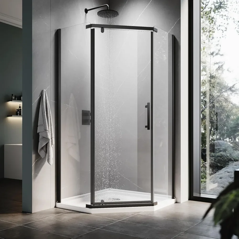 

36.5 in. W X 72 in. H Shower Doors, 1/4" Clear Glass, Black Finish, Base Not Included, Corner Pivot Shower Doors