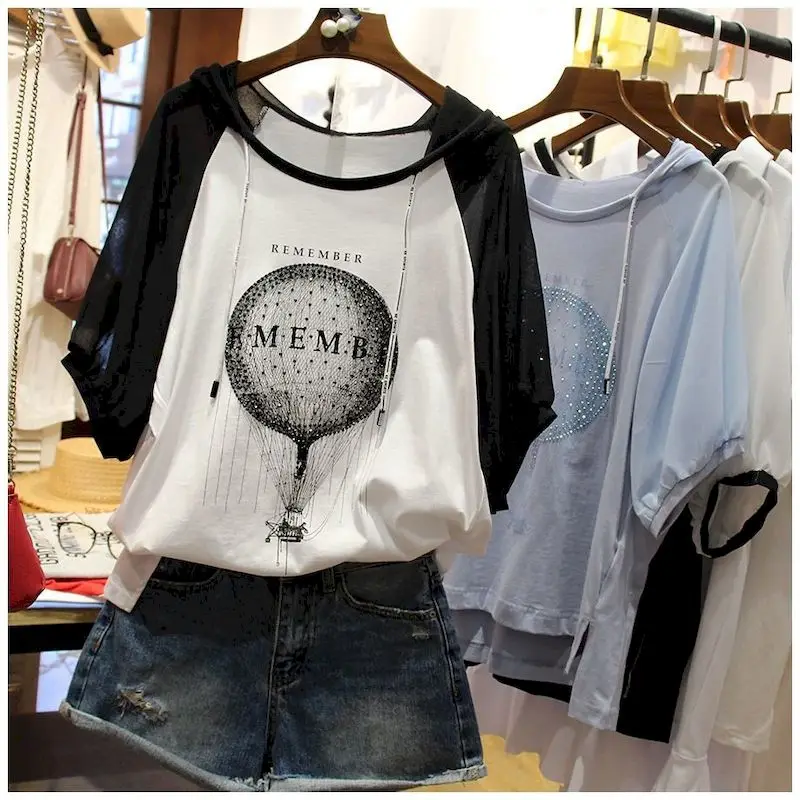 Hooded Short-sleeved T-shirt Women's Loose 2024 Summer Korean Hot Air Balloon With Diamond-encrusted Fashion Stitching T Shirts