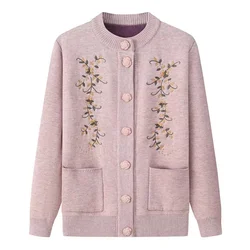 Autumn Winter Middle-aged Woman Knitted Cardigan Jacket Fleece Thicke Sweater Coat Mother Embroidered Pocket Warm Tops Outerwear