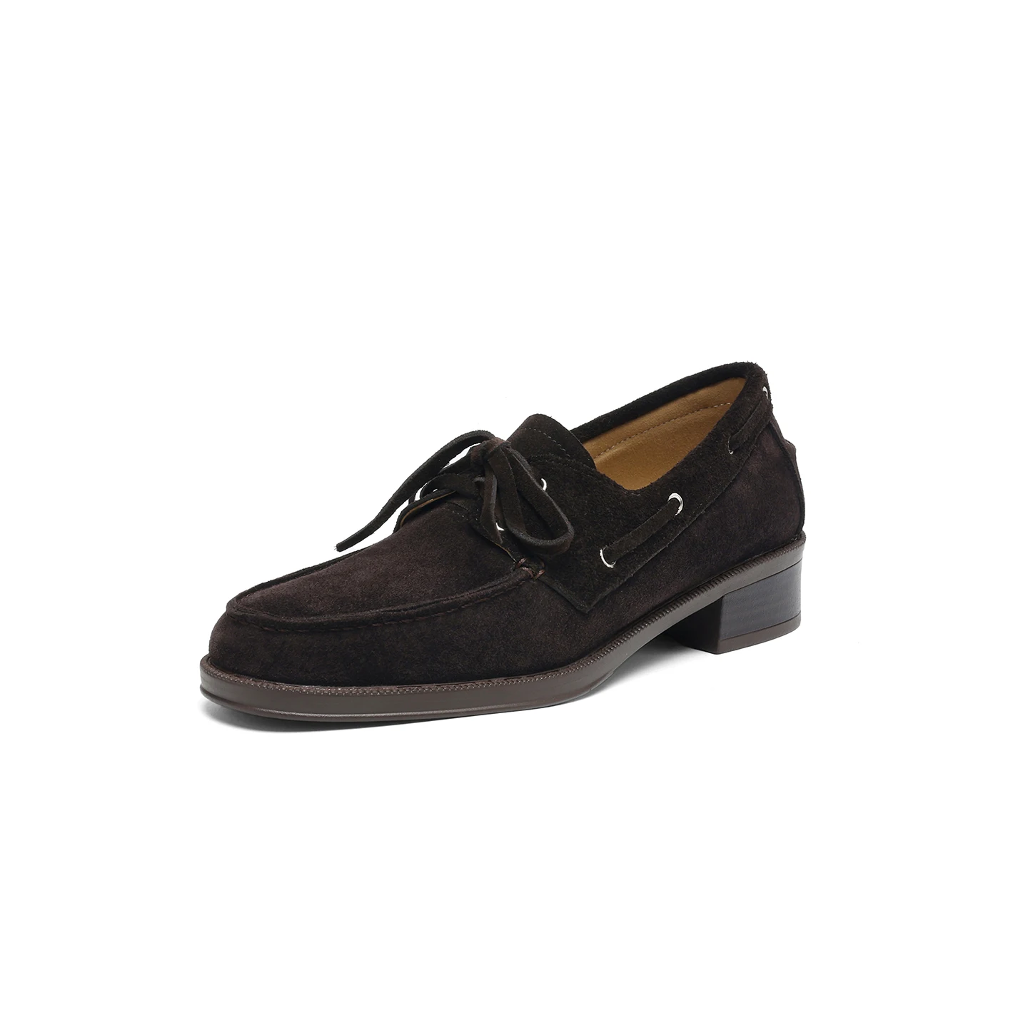 Genuine Leather  Suede Women Loafers Ladies Brown Lace Up Mid Block Heels Fashion Round Toe Splicing Shoes