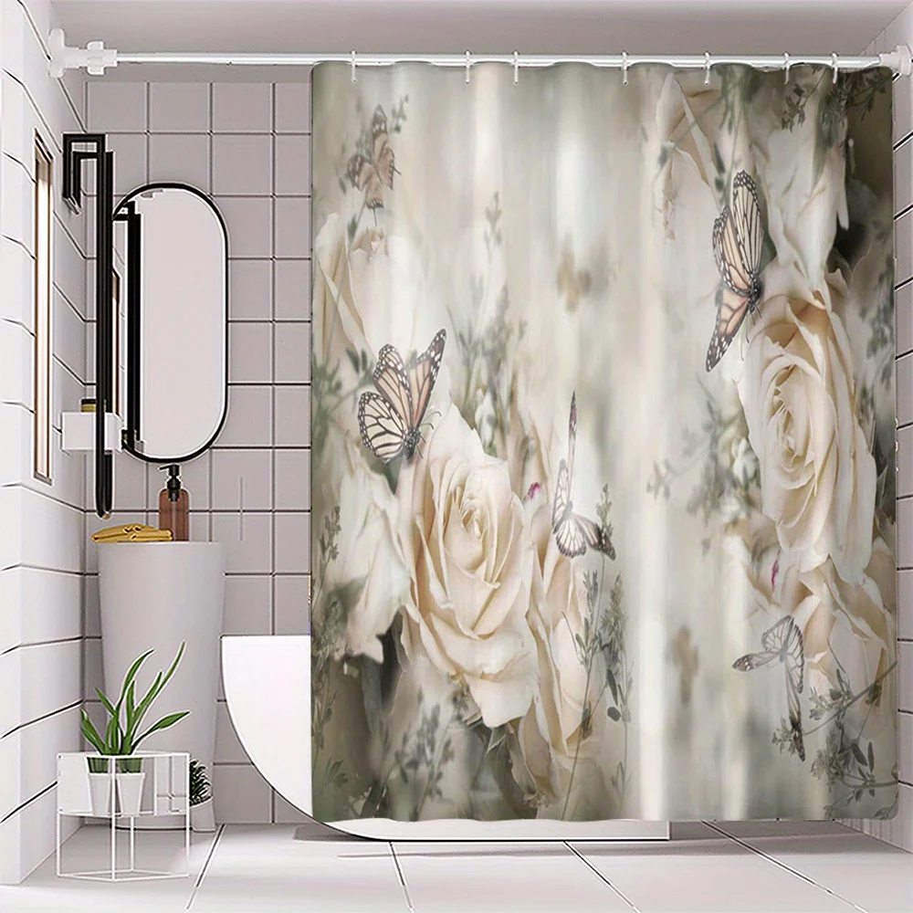 

1pc Spring white rose and butterfly pattern shower curtain, polyester fabric, machine washable, suitable for bathroom decoration