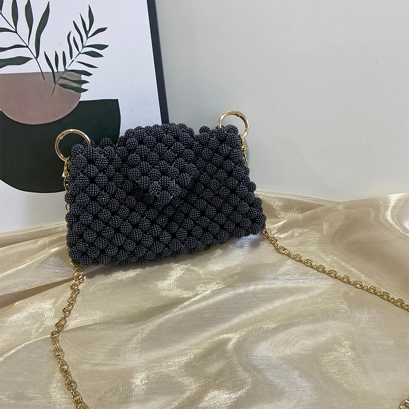 Black Premium Ins Women's Bag Customized Handmade Yangmei Ball Bead Chain Flap Crossbody Bags for Woman 2024 New Party Banquet