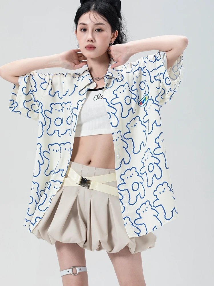 

Loose Women's irt Original Design Bear Line Ding Print ort Sve Collar White Enhancing Casual Top Summer