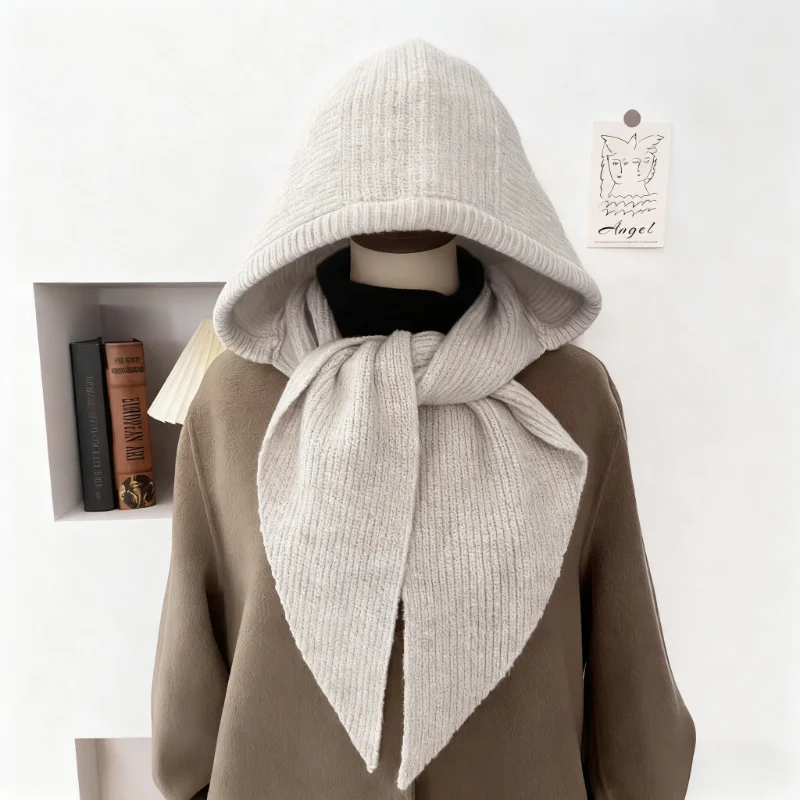 قبعة نسائية شتوية محبوكة من الصوف متعدد الألوان - وشاح بغطاء للرأس متكامل، عصرية دافئة للتزلج والرياضات الخارجية