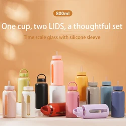 800ml Large Capacity Glass Cup, Double Lids,Silicone Sleeve,Anti-hot Heat Insulation,Outdoor Portable,Graduated Water Bottle,Mug