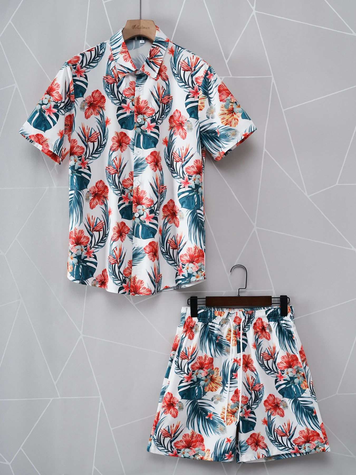 Men's Flamingo Striped Tropical Shirt 2-Piece Set Short Sleeve Shorts Lapel Tropical Fashion Hawaiian Casual Holiday Beach Print