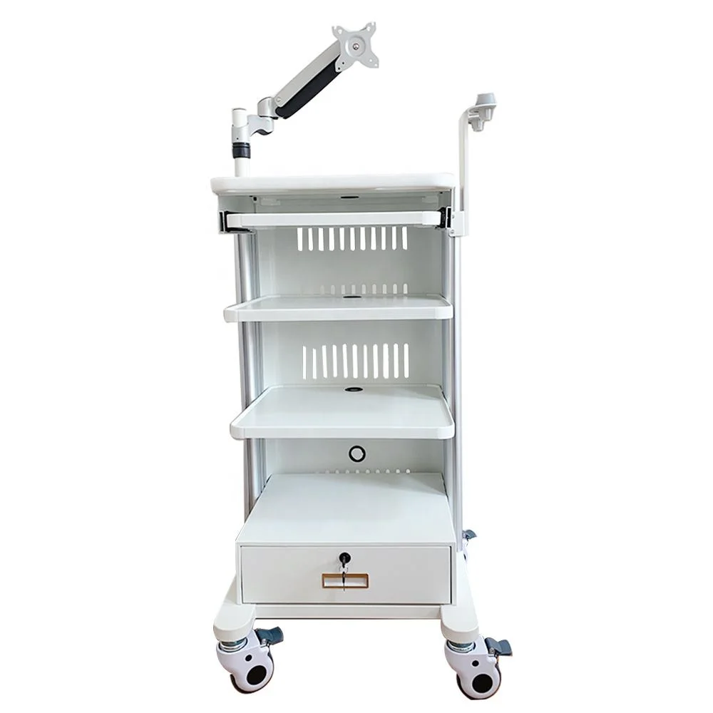 2026 NEW Adjustable Height ABS Plastic . Trolley 4-Layer Storage Hospital Mobile Workstation Cart With Monitor Mount For E