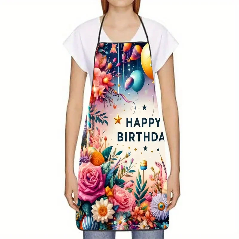 Birthday-themed Floral Balloon Print Apron, Durable And Suitable For Cooking, Baking, And Household Cleaning.