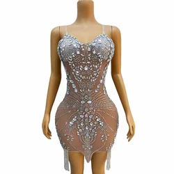 Sexy Shining Silver Rhinestones Chains Transparent Dress Evening Birthday Celebrate Stretch Outfit Crystals Photoshoot Dress