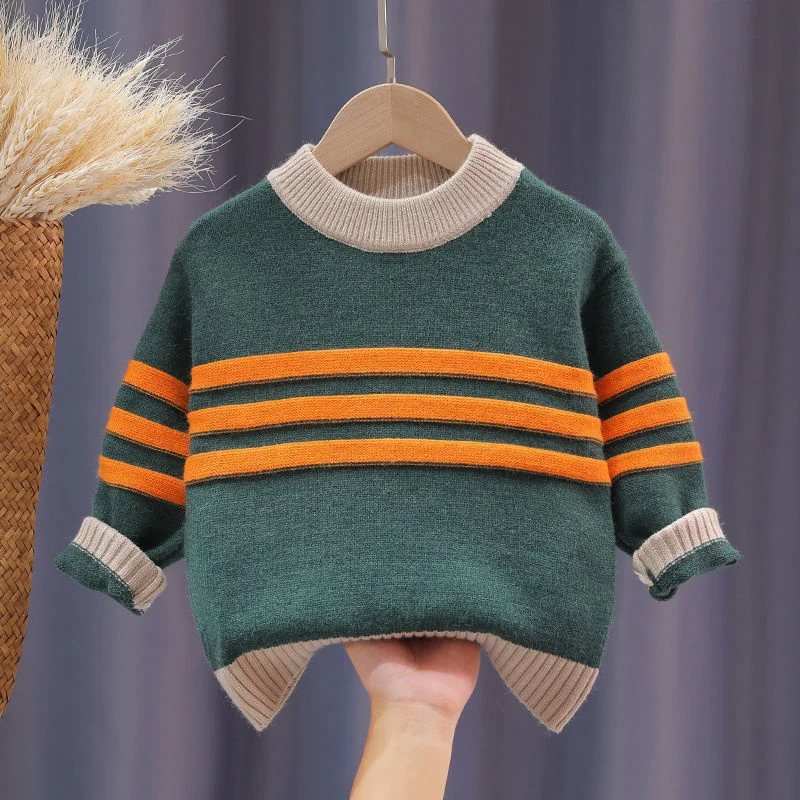 Boys Woolen Sweater Crochet Cotton Windbreak 2023 Stripe Thicken Autumn Winter Pullover High Quality Children\'s Clothing