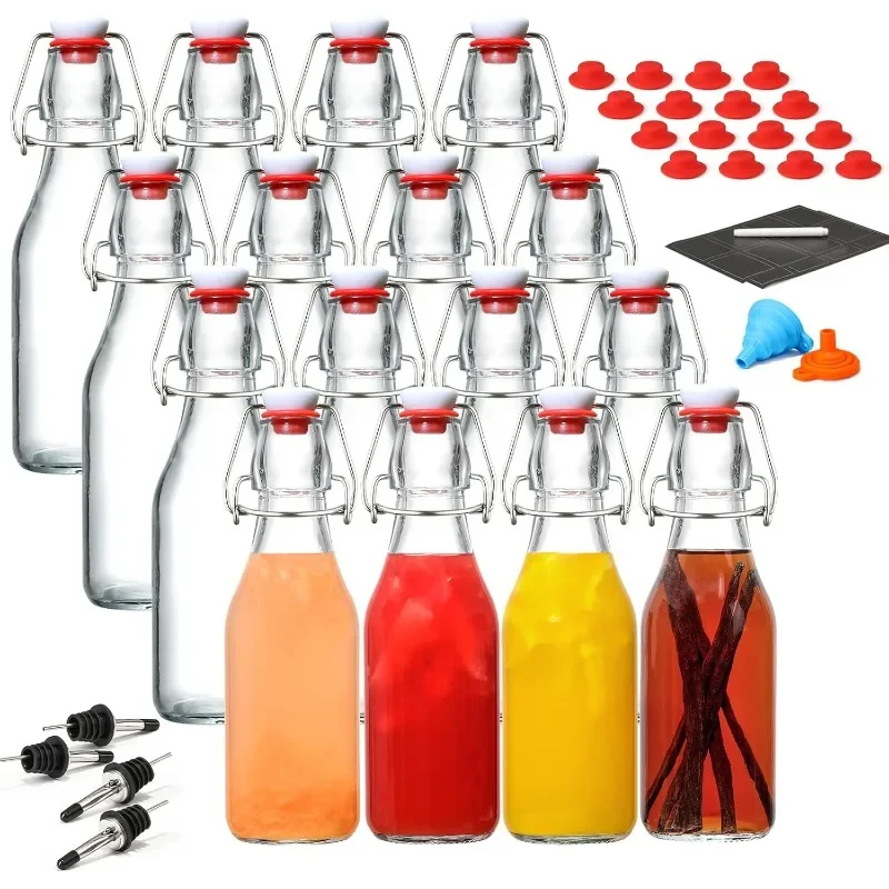 16 Pack 8.5oz Flip Top Glass Bottles Vanilla Extract, Coquito, Juice, Tea - Airtight Stopper Cap Lid, Bonus 4 Bottle Pourers