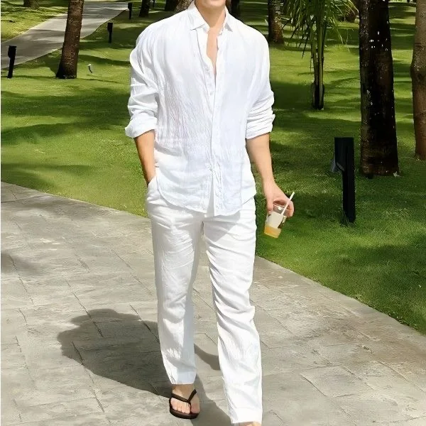 Beach Vacation Style Cotton Linen Casual Set Men's Sunscreen Long Sleeve Shirt Linen Breathable Workwear Long Pants Two Piece...