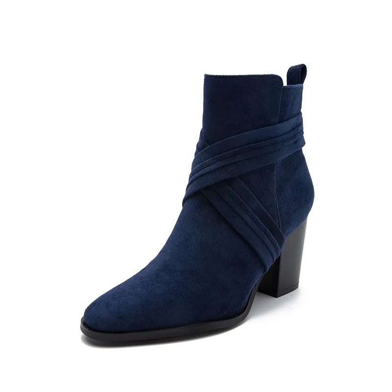 Winter Custom Women Ankle Boots Pointed Toe Suede High Heel Boots Side Zip Chunky Heels Short Boots Retro Women Boots WSH4671