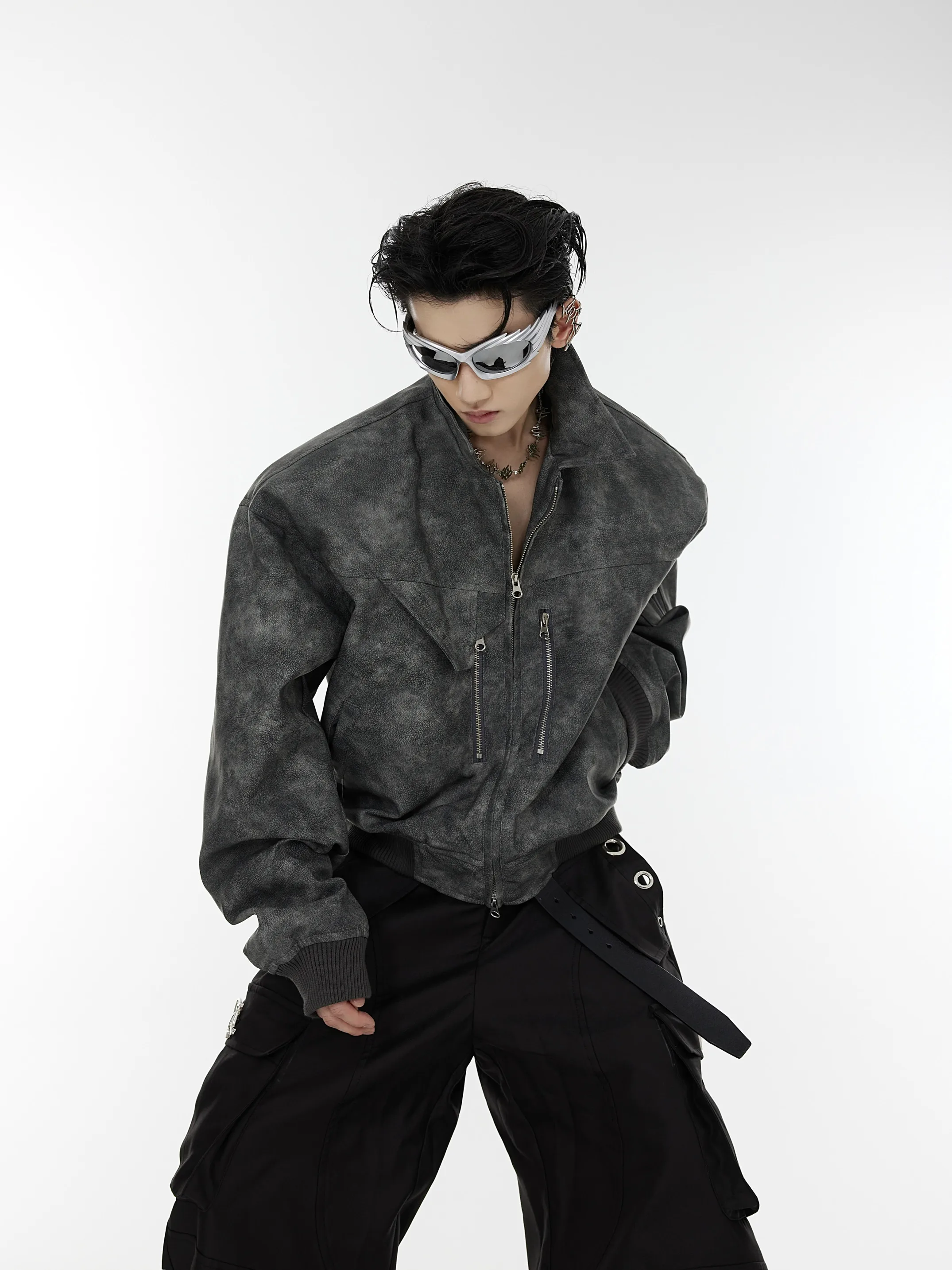 CulturE24ss Polka Dot Gradient Short Jacket Metal Zipper Design PU Leather Coat Shoulder Pad Youth Fashion Autumn Outerwear